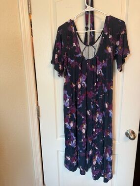 Latched Mama Romper Floral Scoop-Back Midi Dress in Navy and Purple